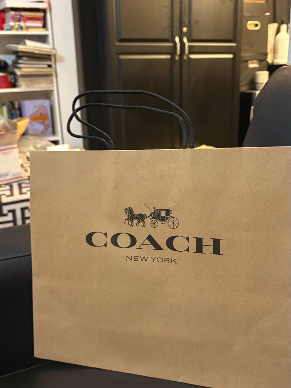Coach Tan Shopping Bag with Black Logo and Handles LG
